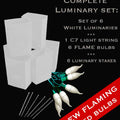 Set of 6 White Luminaries, Green Light String, White FLAME LED Bulbs & Stakes