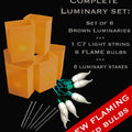Set of 6 Brown Luminaries, Green Light String, Amber FLAME LED Bulbs & Stakes
