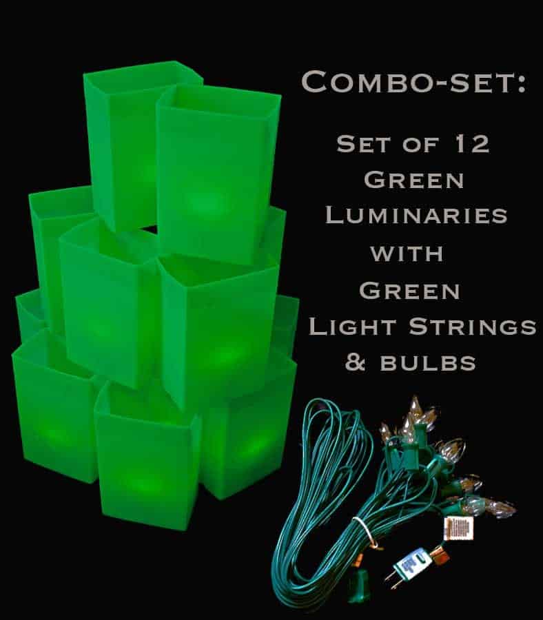 Combo Set: 12 Green Luminaries with Green C7 Lightstring & 12 Lightbulbs