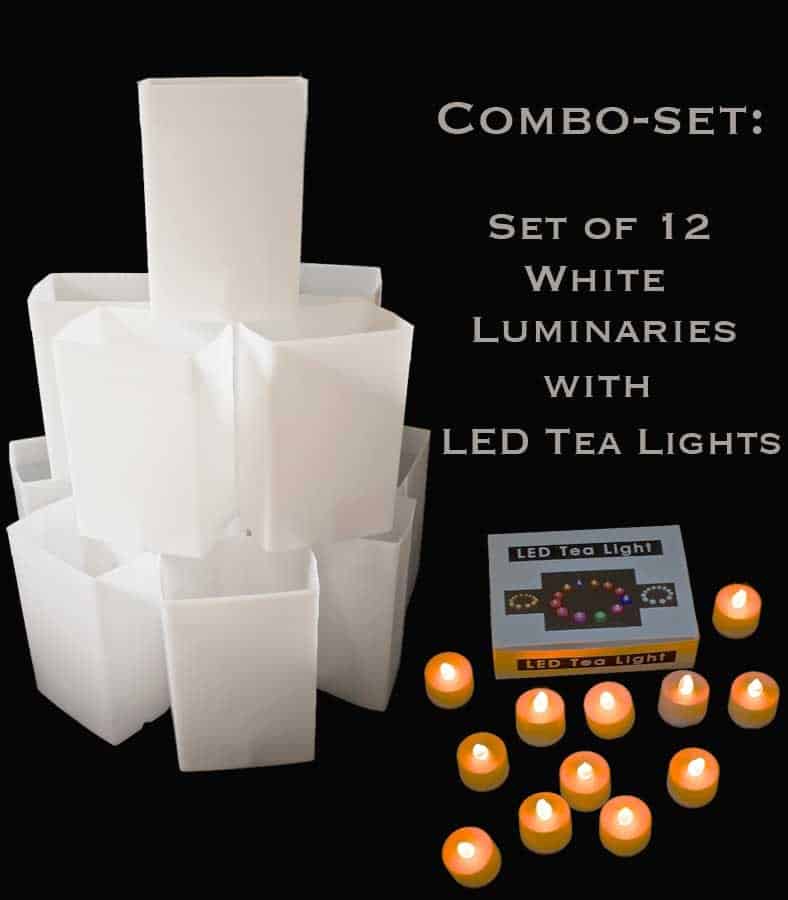 Combo Set: 12 White Luminaries with 12 LED Tealights