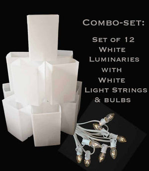 Combo Set: 12 White Luminaries with White C7 Lightstring & 12 Lightbulbs